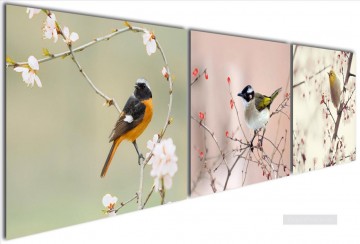  panels Oil Painting - bird in oriental cherry in set panels